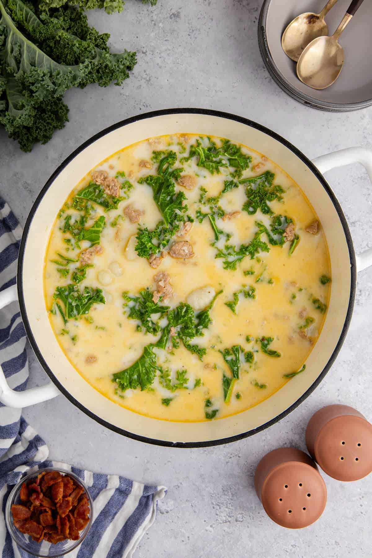 Zuppa Toscana in a large pot from overhead