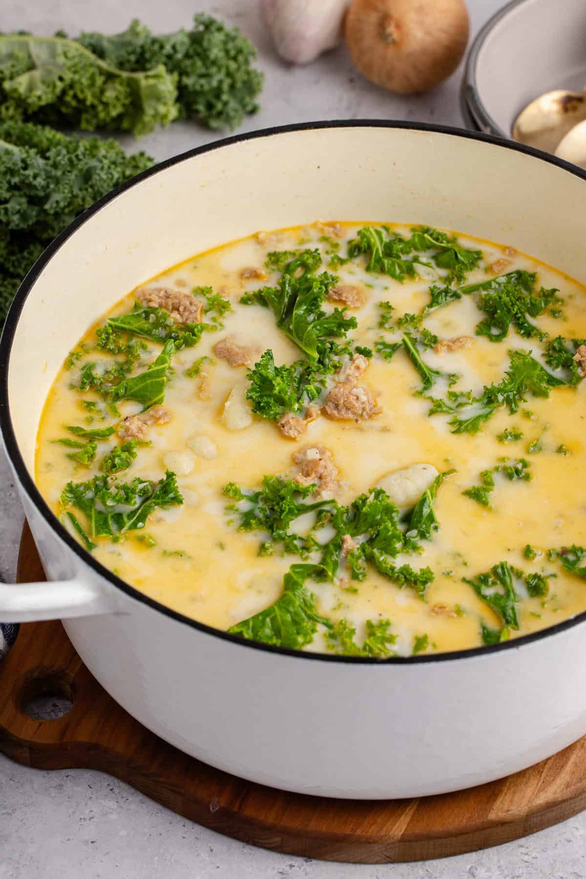 Zuppa Toscana cooked in a large soup pot