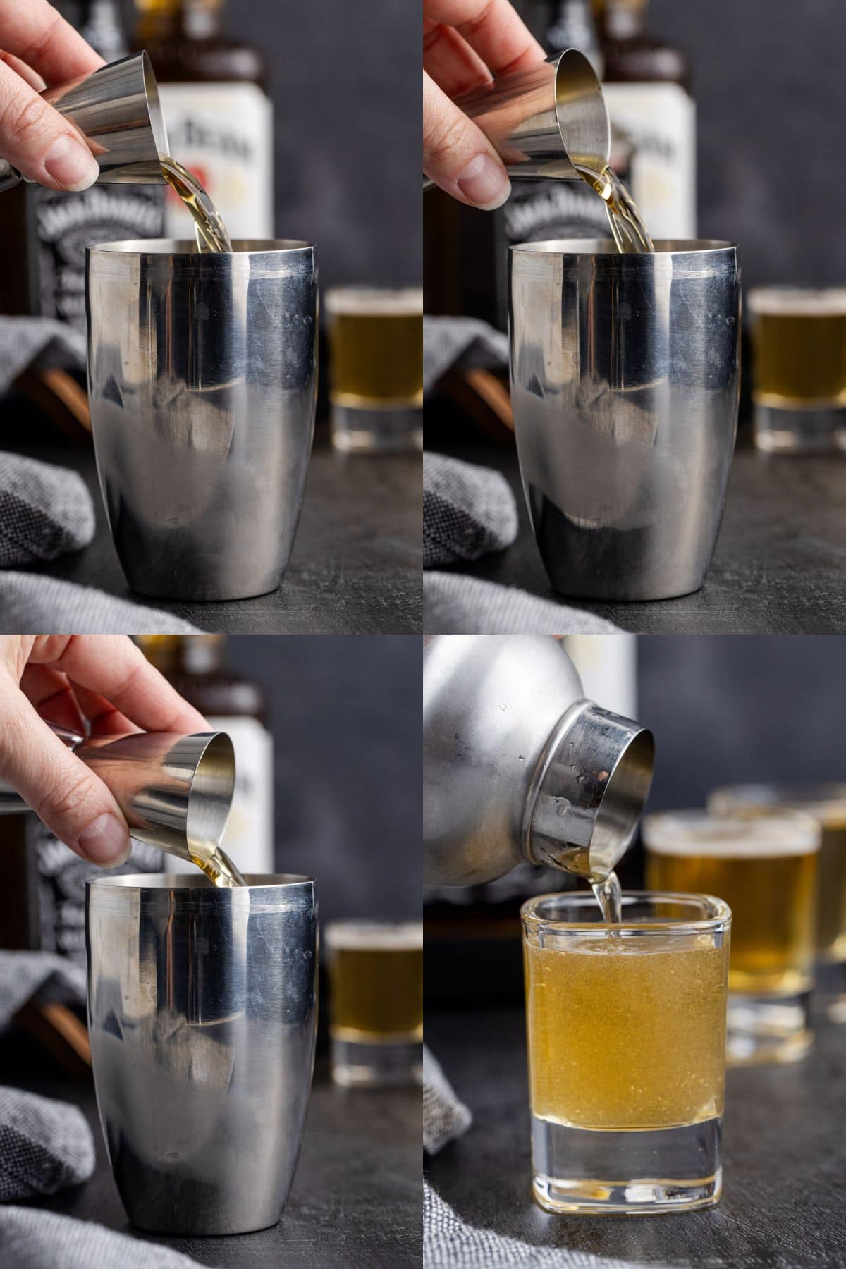 3 Wise Men Shot Being Made in a Cocktail Shaker and Poured into Shot Glass