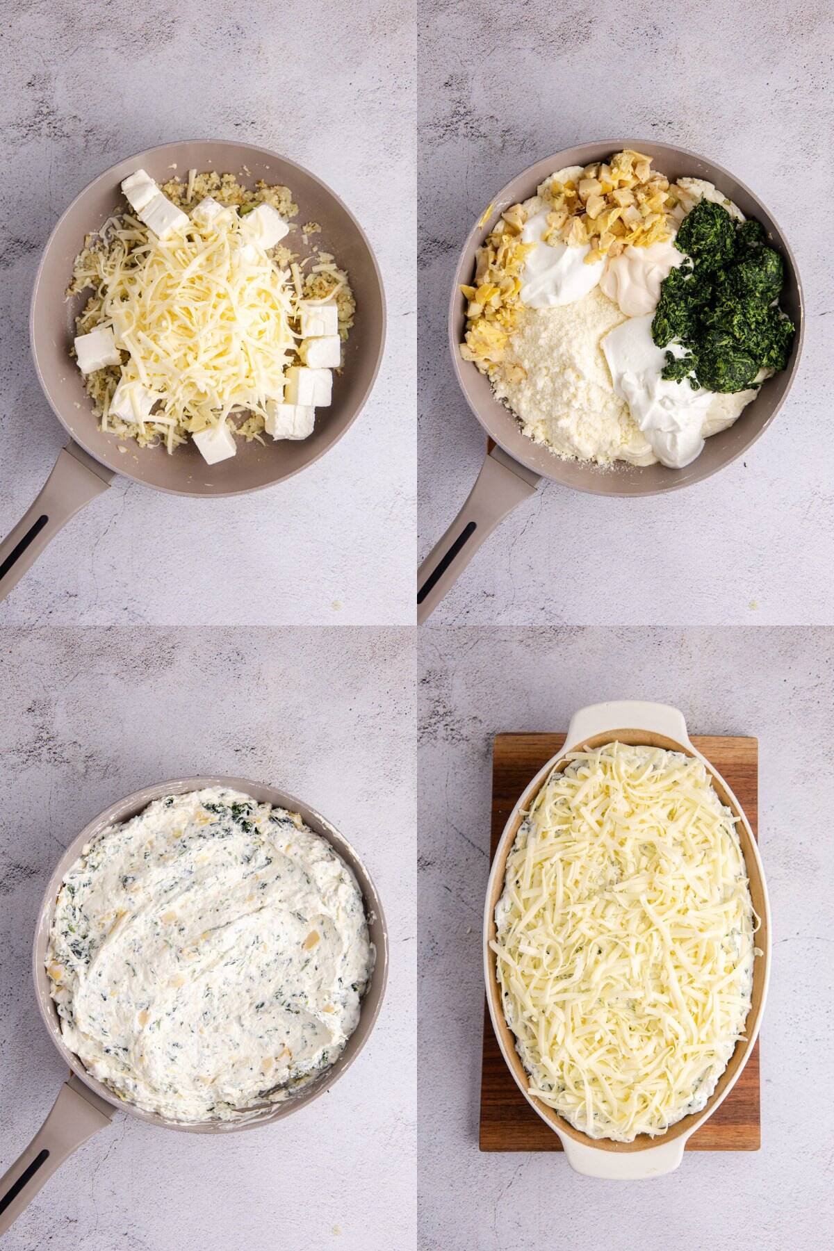 Steps to Making Spinach and Artichoke Dip Ingredients Melted in Pan then Assembled in Baking Dish