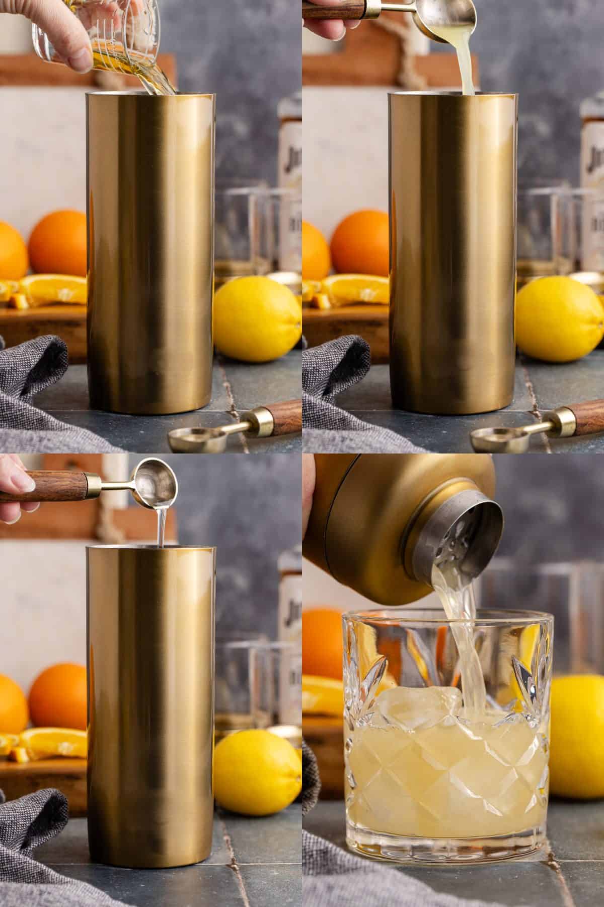 Bourbon Lemon Cocktail Being Mixed in Cocktail Shaker and Poured into a Glass