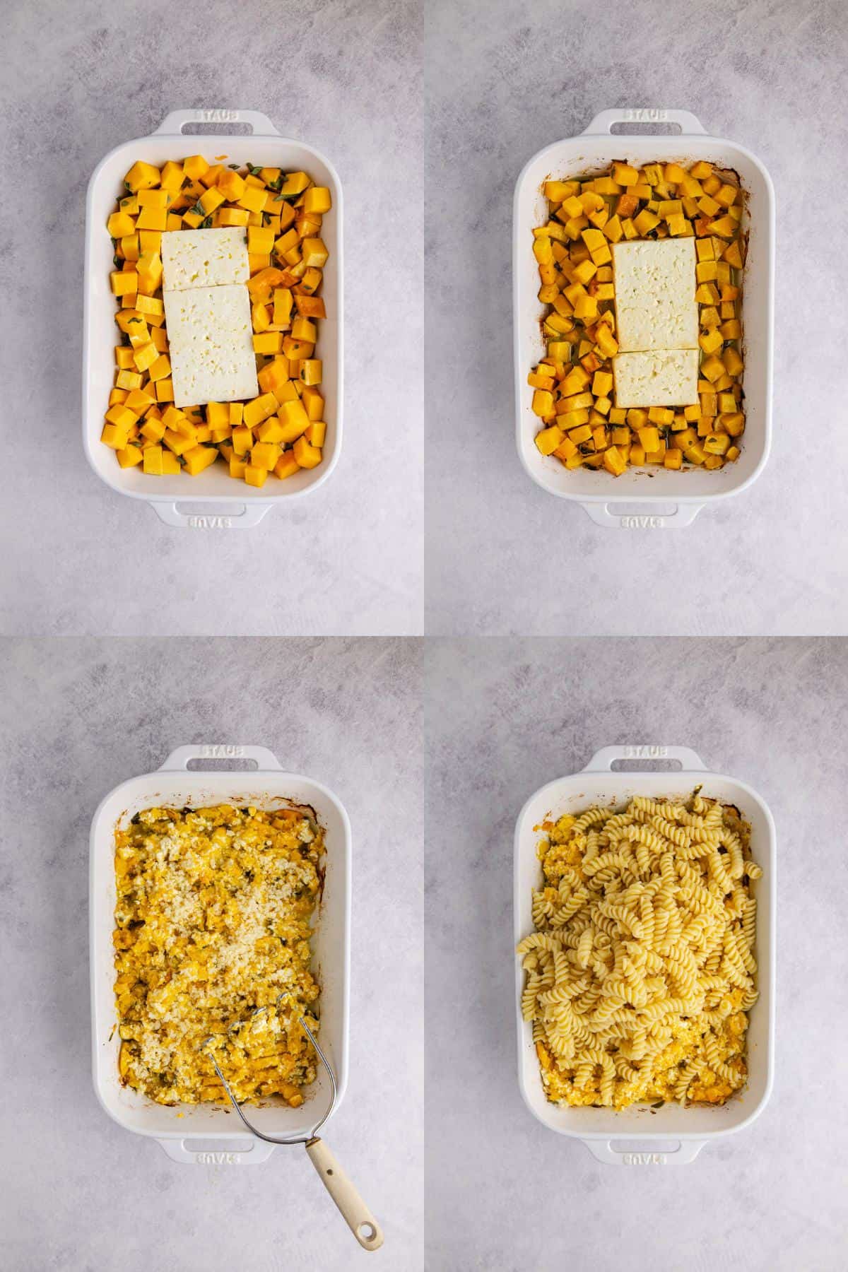 Butternut Squash Feta Pasta being made in a casserole dish