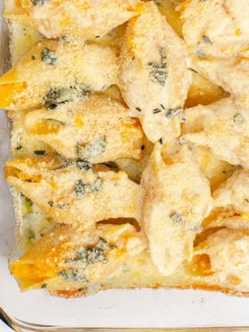 Butternut Squash Stuffed Shells in a baking dish freshly baked