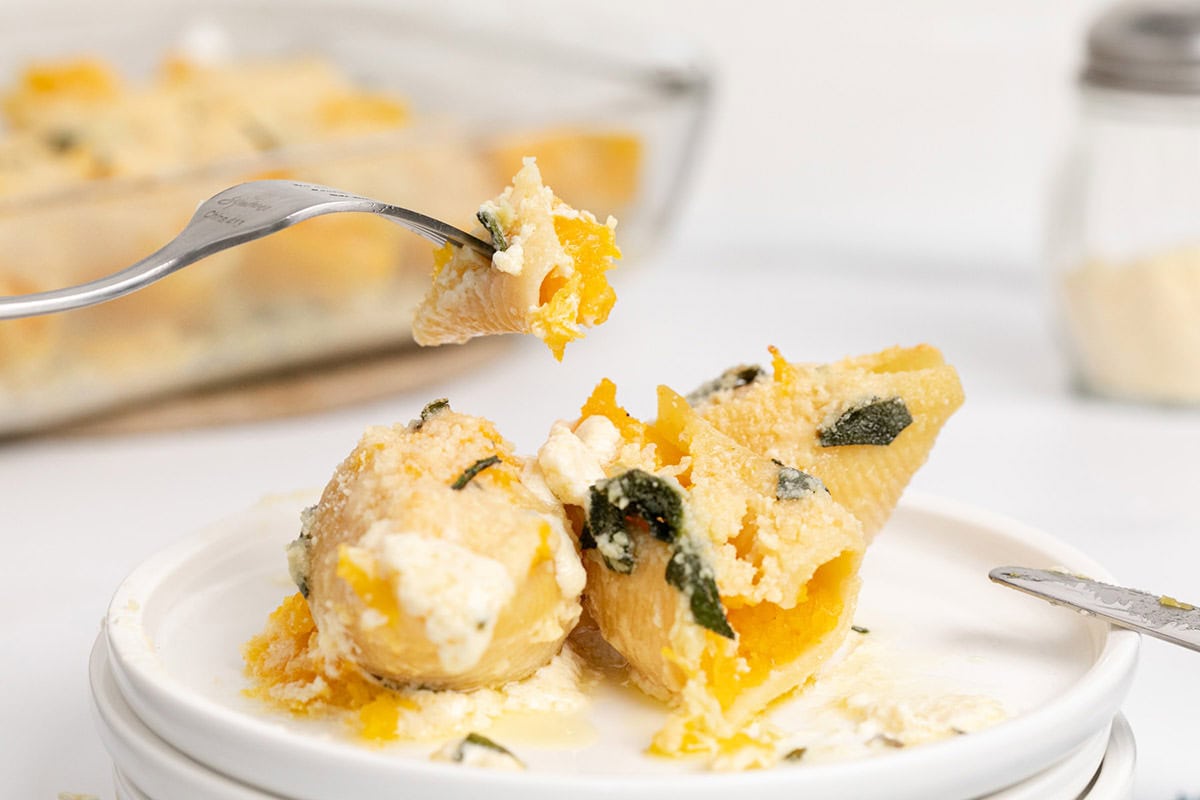 Butternut Squash Stuffed Shells with Creamy Sauce and Parmesan Cheese on a Plate and Bite on a Fork