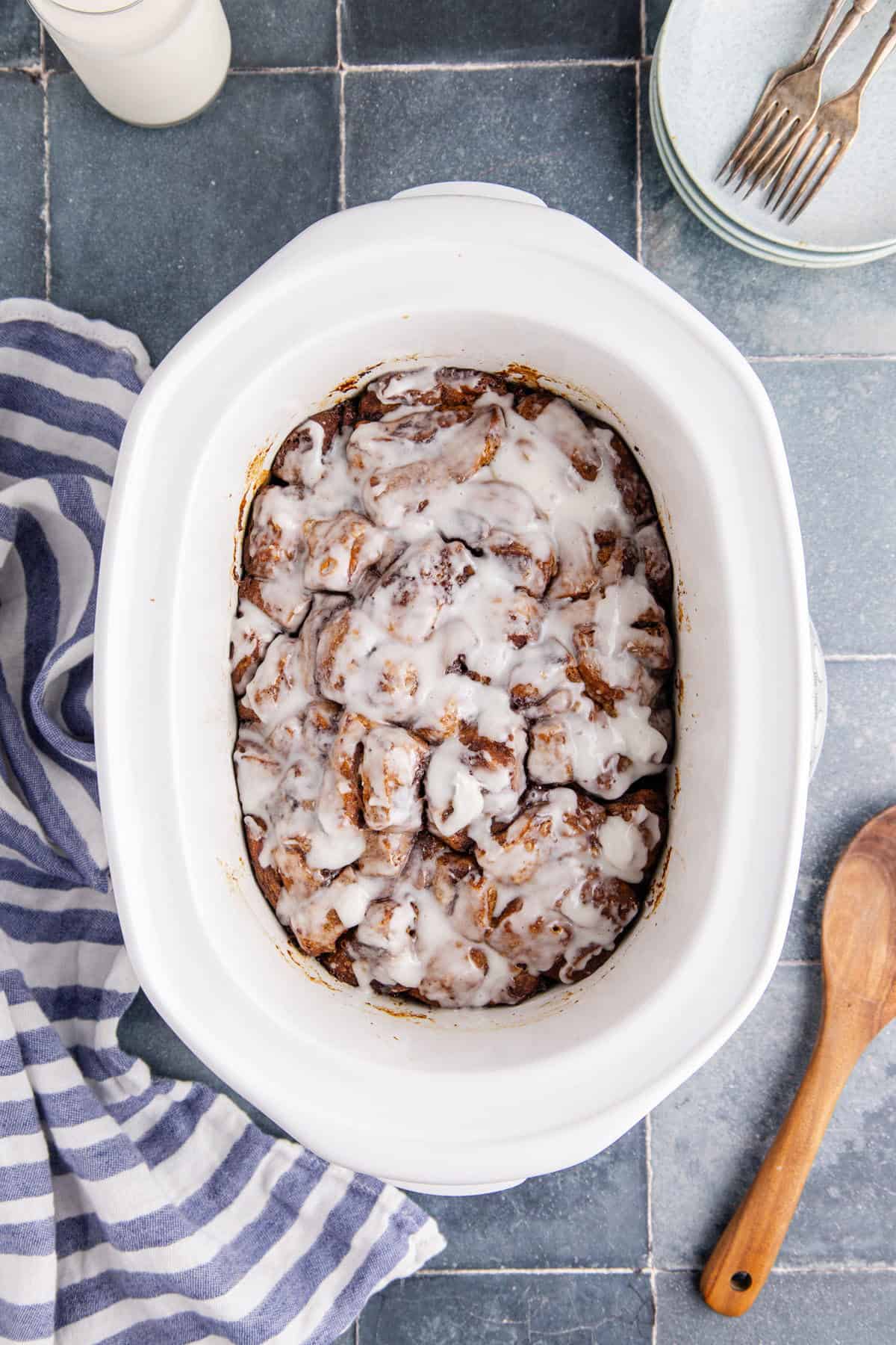 Overhead Crockpot Cinnamon Bun Casserole with Icing