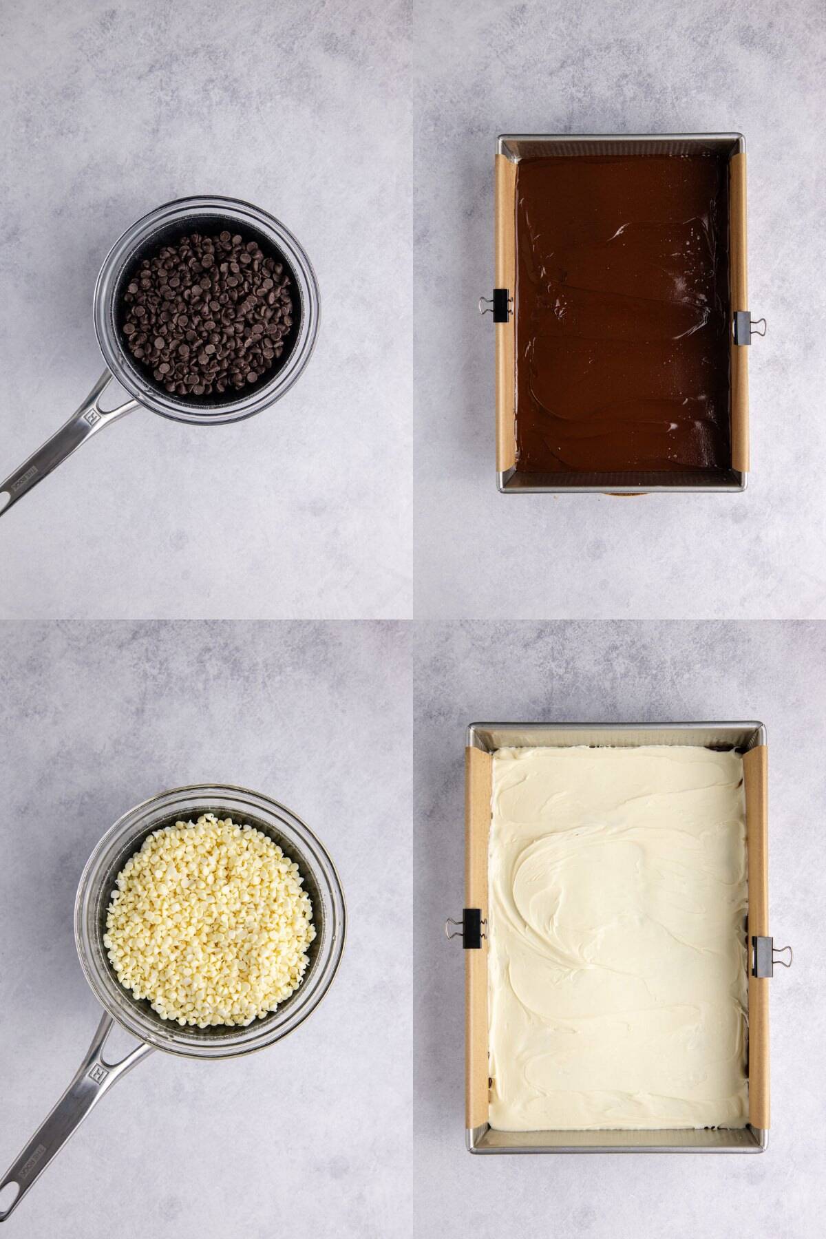 Costco Peppermint Bark being made melted in a bowl and then in a pan