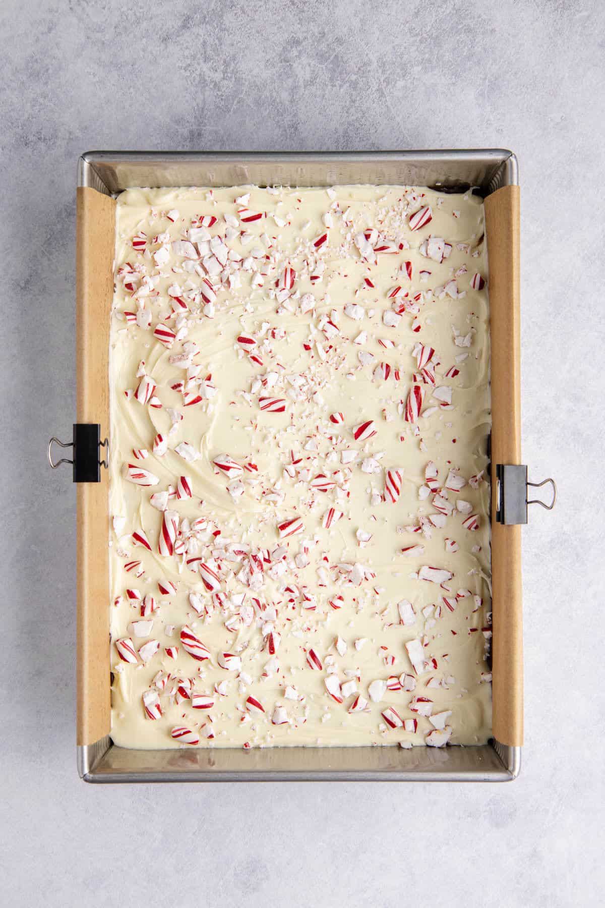 Costco Peppermint Bark made in a metal pan