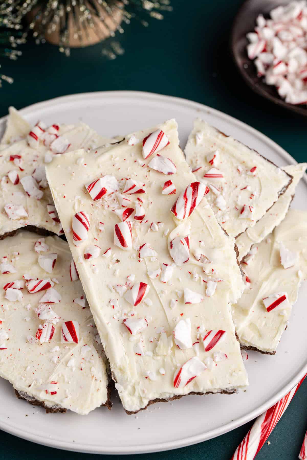 Costco Peppermint Bark on a Plate Close up