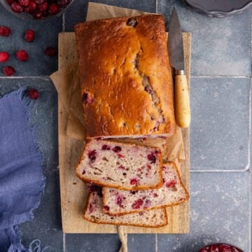 Cranberry Sauce Bread on a cutting board with slices from above