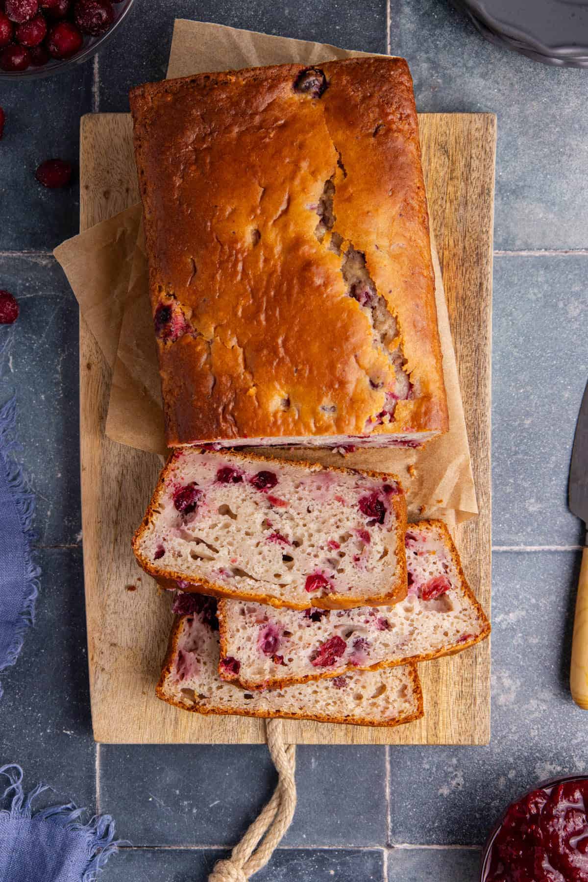 Cranberry Sauce Bread on a cutting board with slices from above