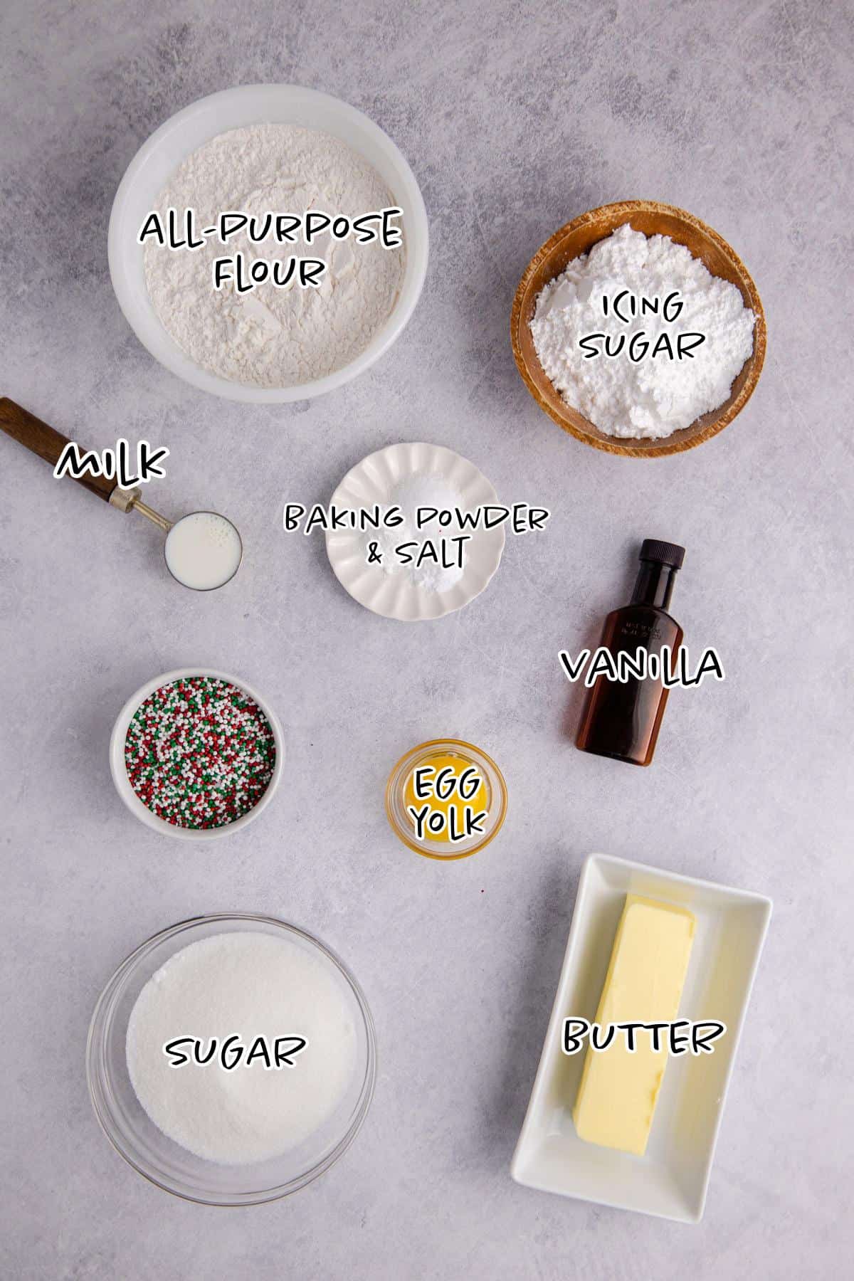 Frosted Sugar Cookie Bars Ingredients on a counter