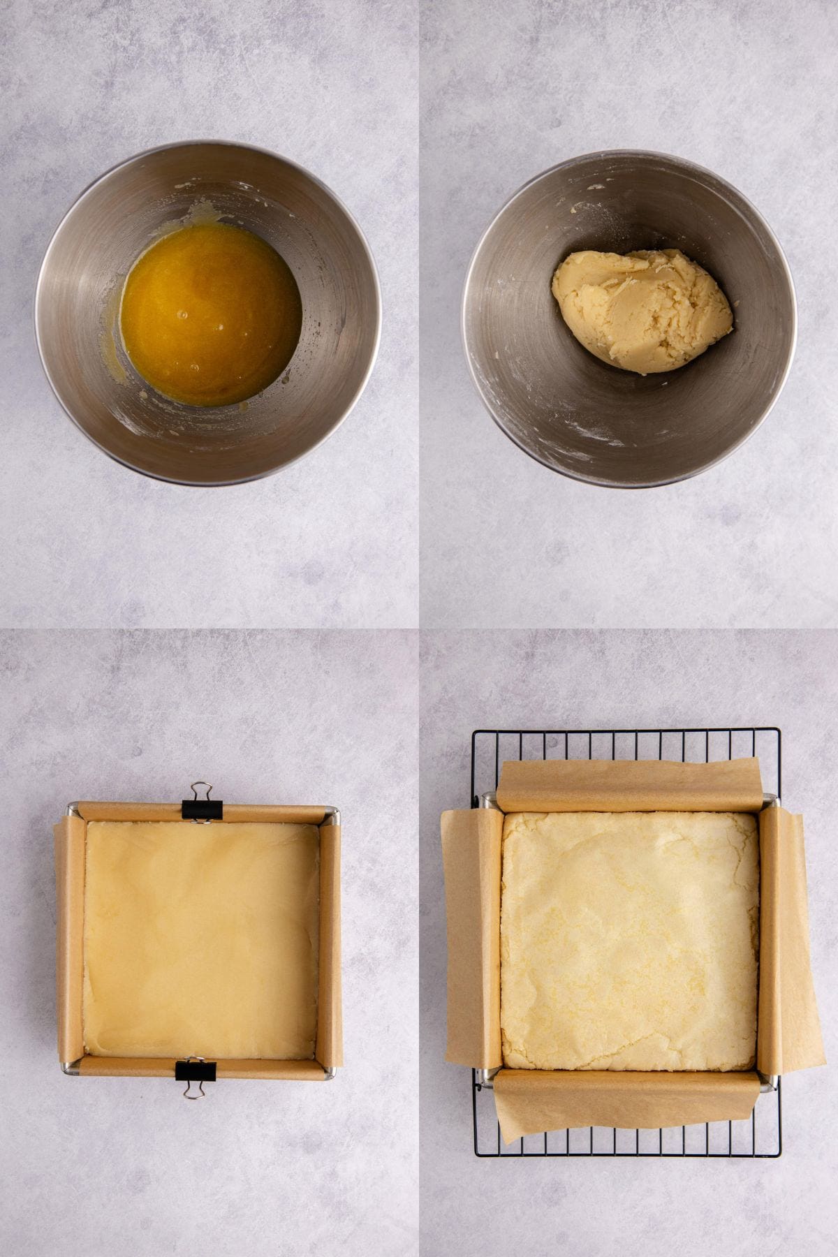 Frosted Sugar Cookie Bars being made in a mixer bowl and metal pan