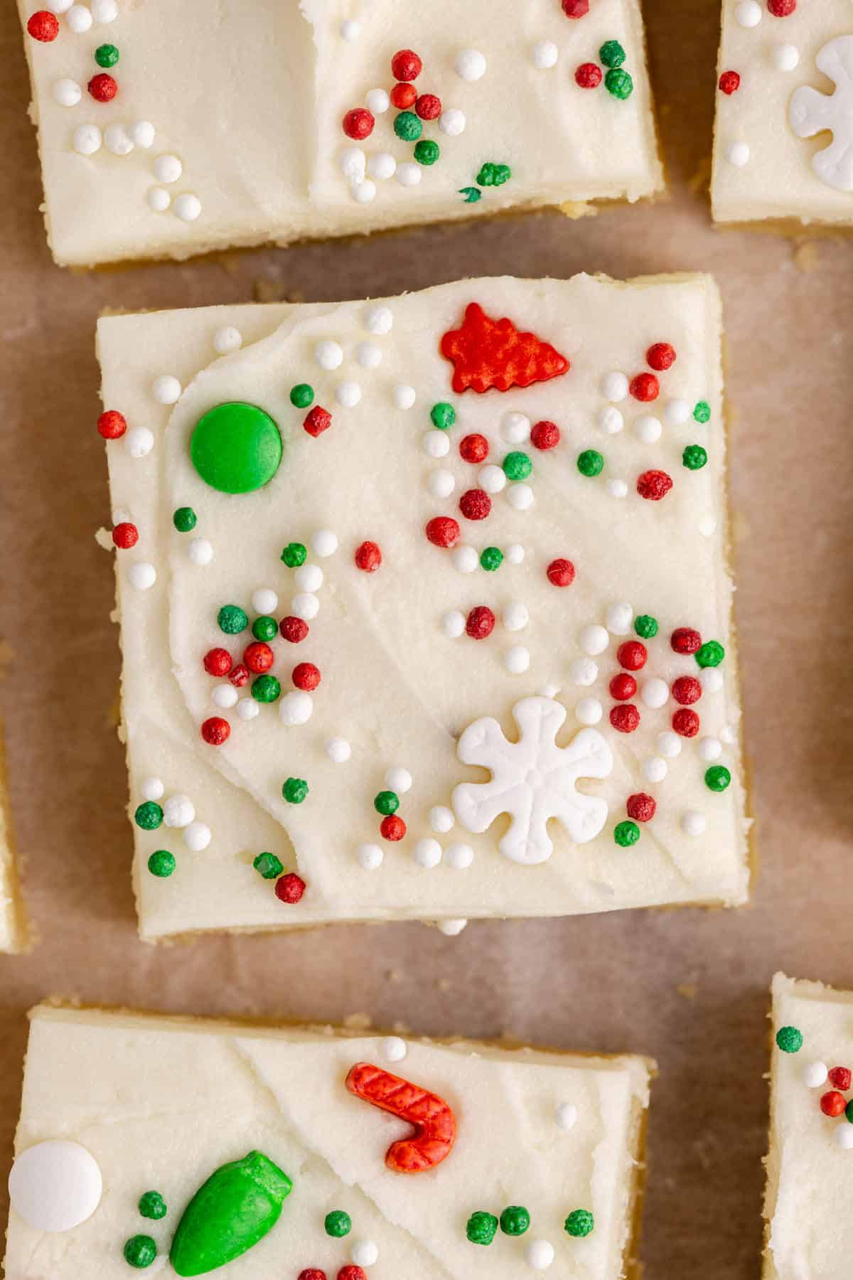 Frosted Sugar Cookie Bars close up from above