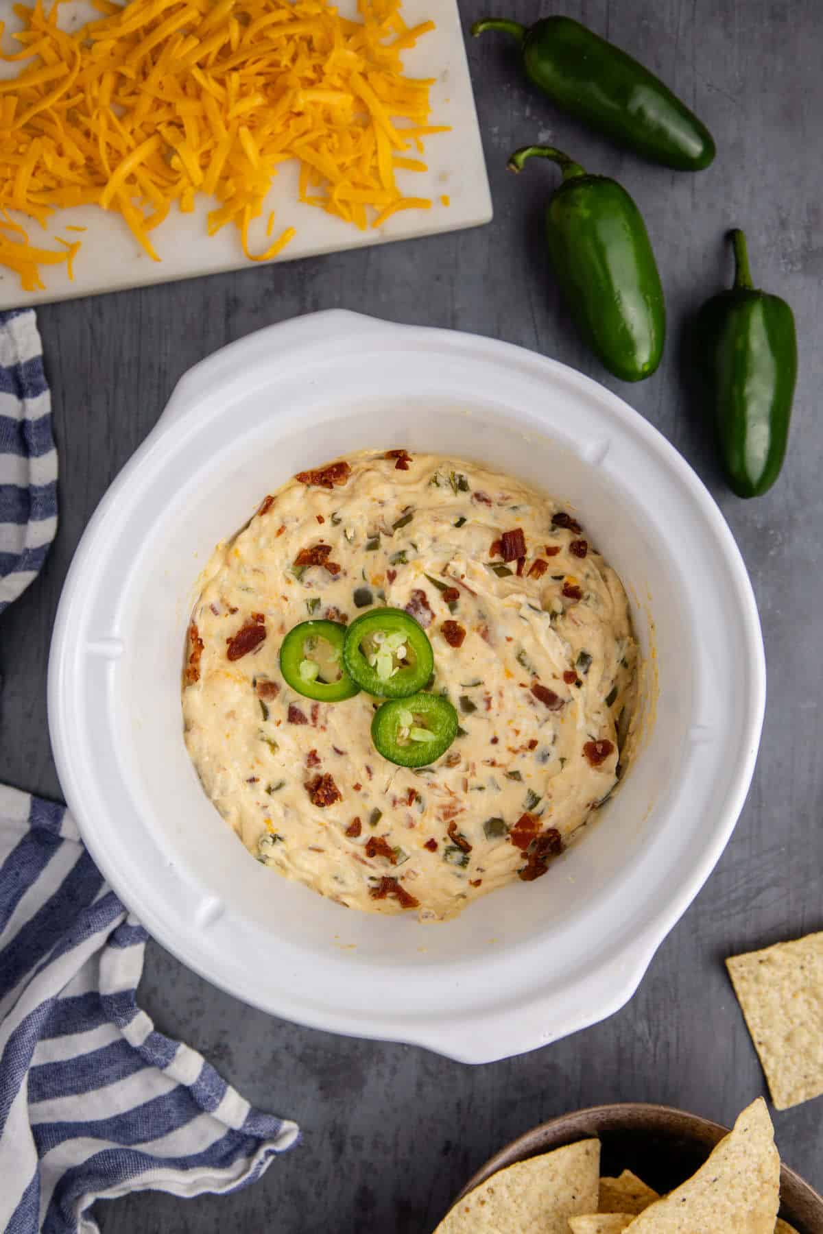 Overhead View of Slow Cooker Jalapeno Cream Cheese Dip Mixed