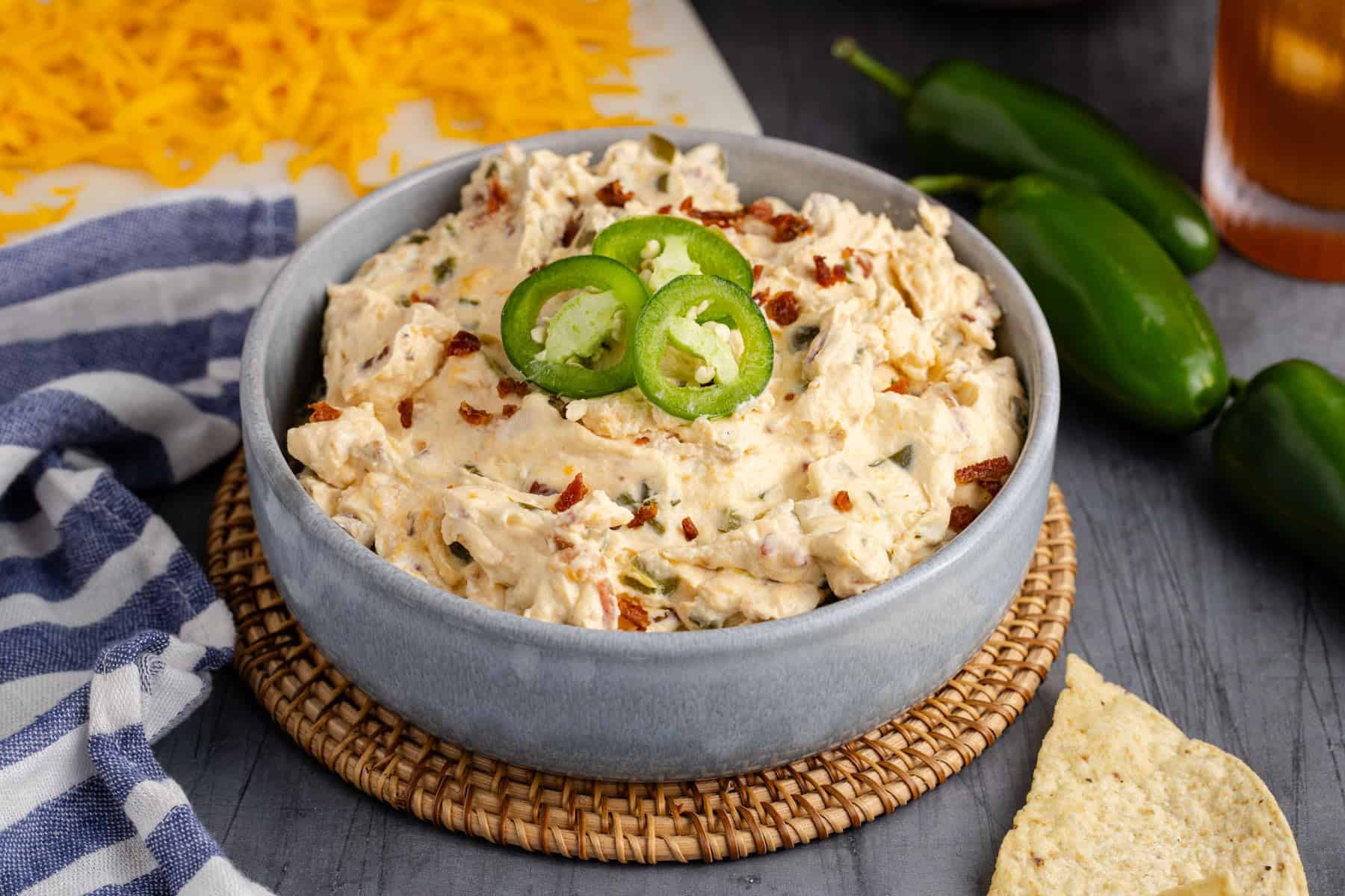 Jalapeno Cream Cheese Dip in a Serving Bowl Garnished with Fresh Sliced Jalapeños