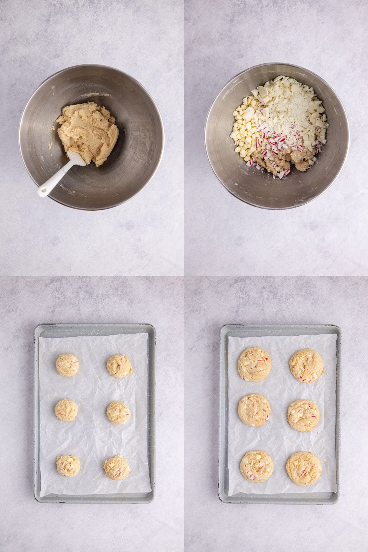 Peppermint Cookie dough being mixed in a bowl and on a cookie sheet