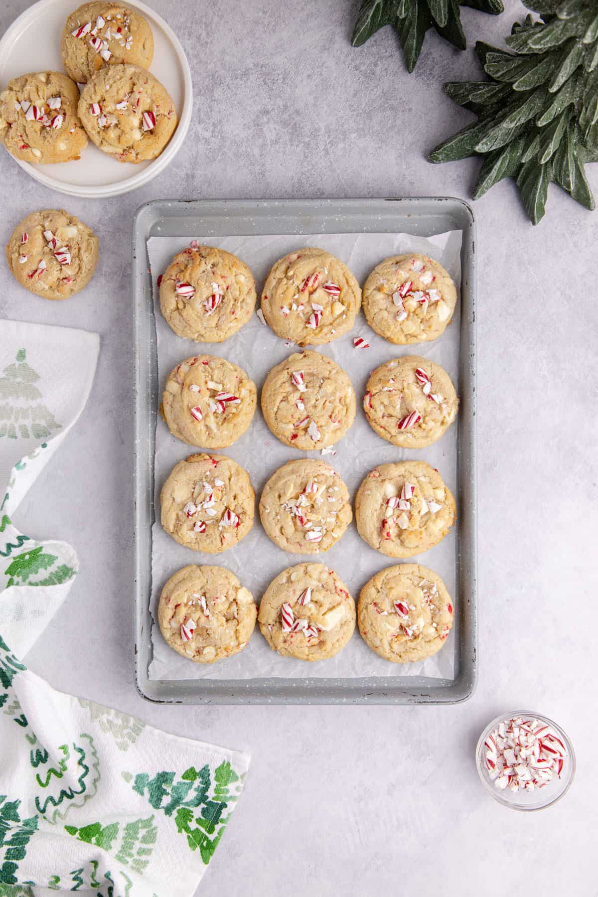 Peppermint Cookies on a baking sheet after being baked