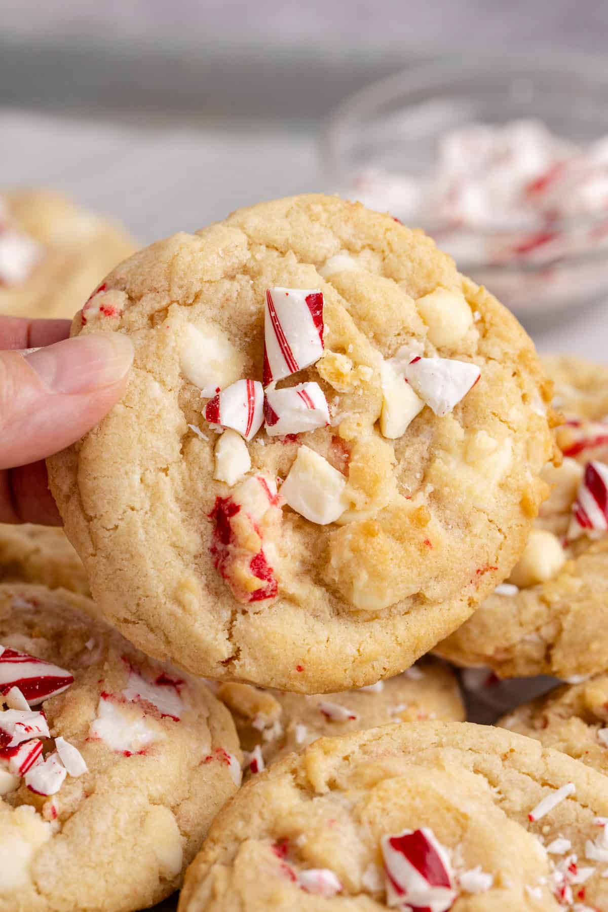 Peppermint Cookies baked and being picked up close up