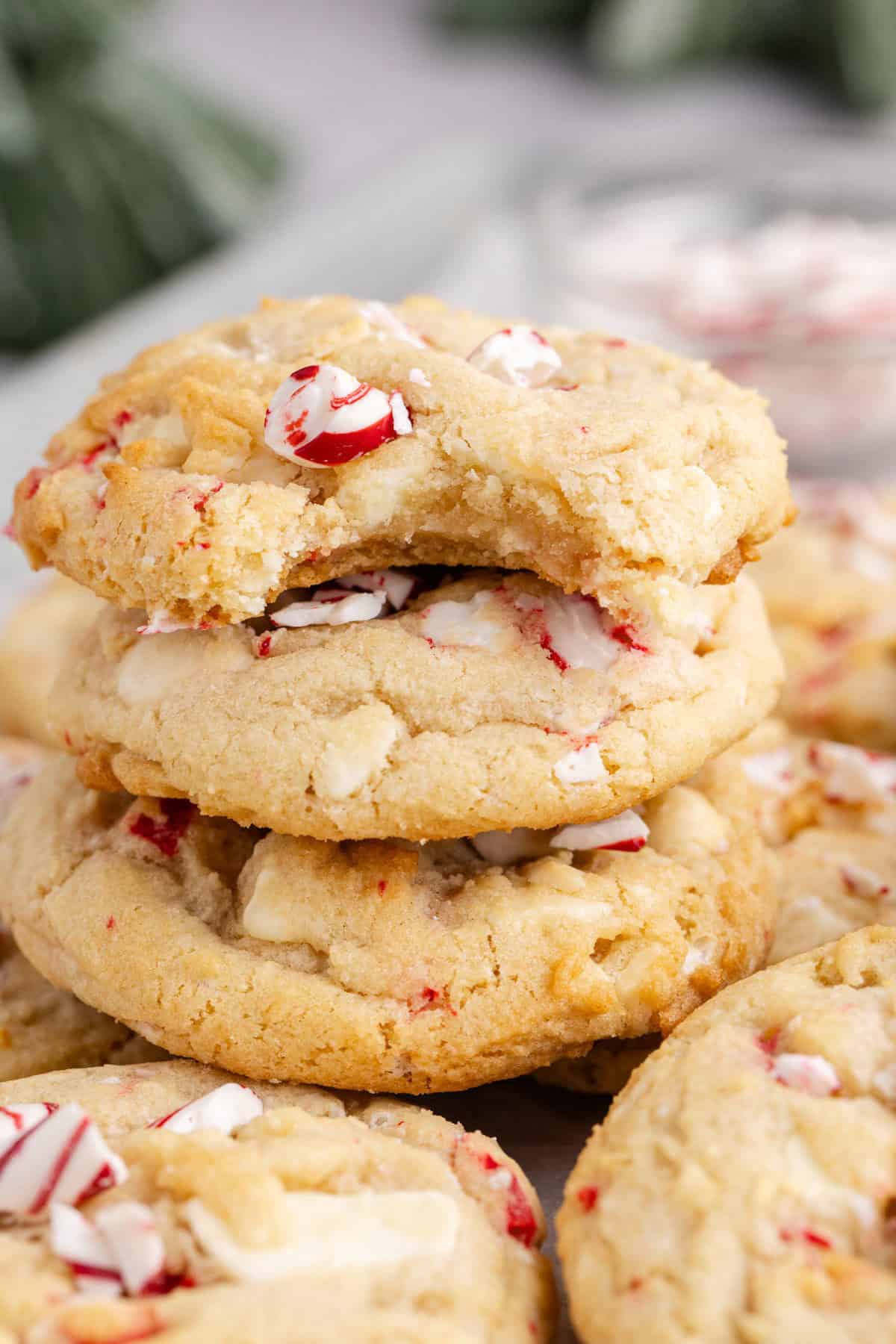Peppermint Cookies stacked with a bite taken