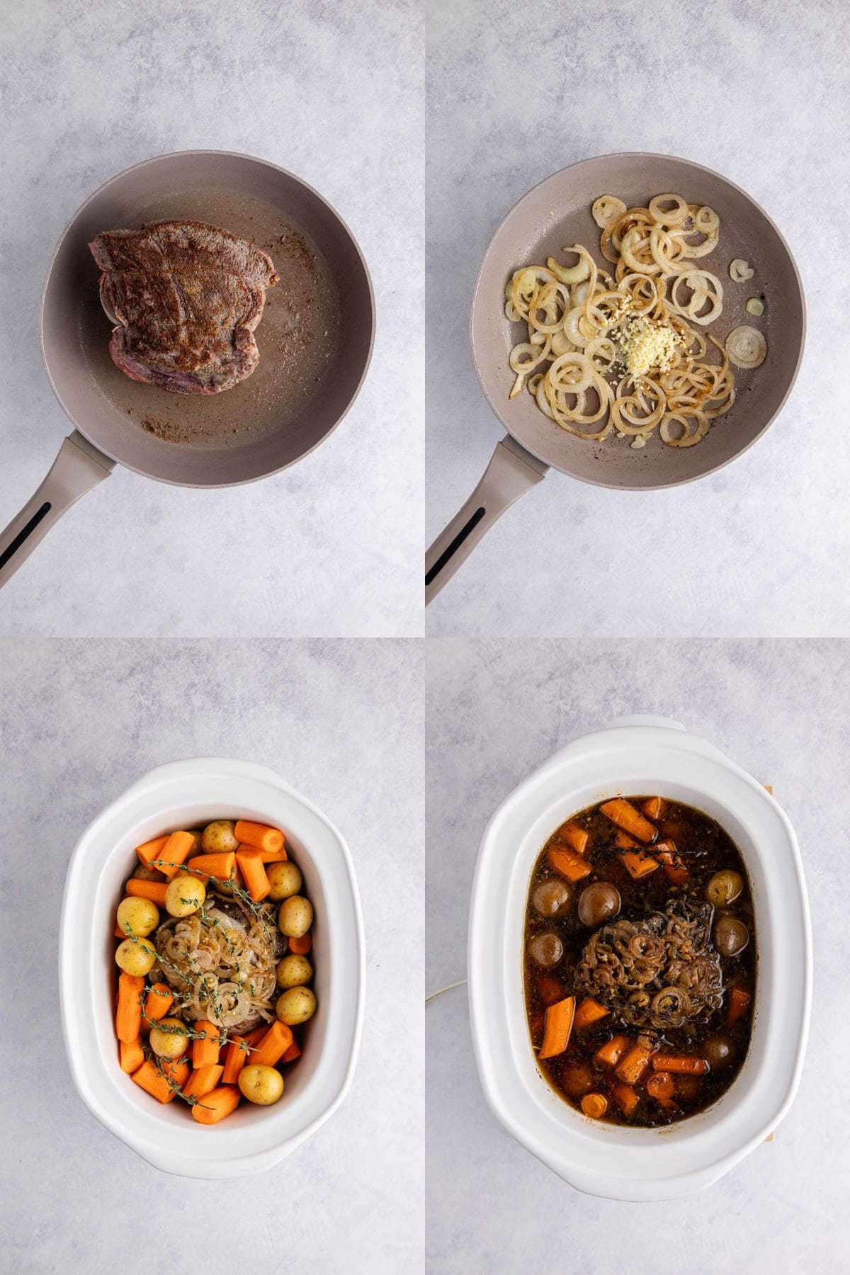 Pot Roast Slow Cooker Recipe being seared in a pan and then placed in a slow cooker