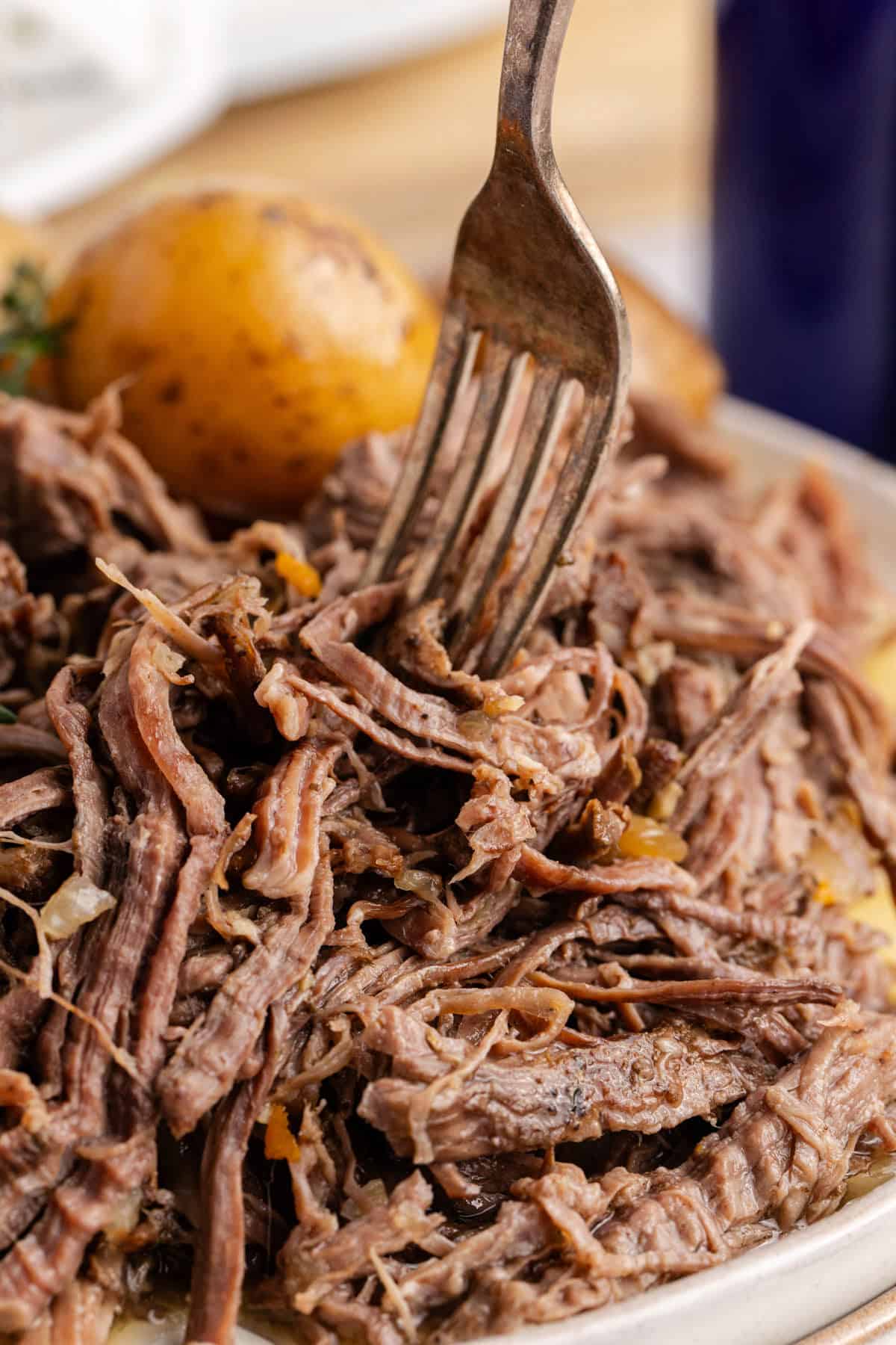Pot Roast Slow Cooker Recipe shredded on a plate with a forkful