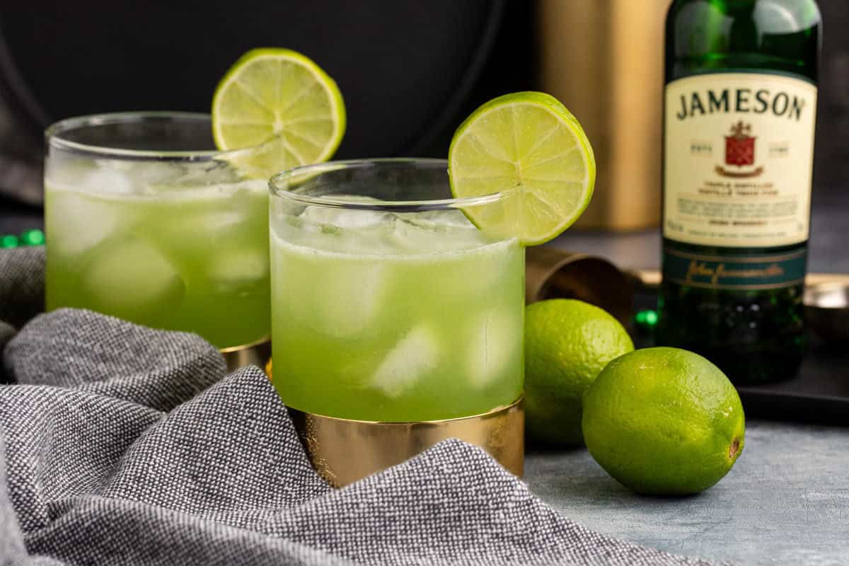 Shamrock Sour in Glasses with Limes and Jameson