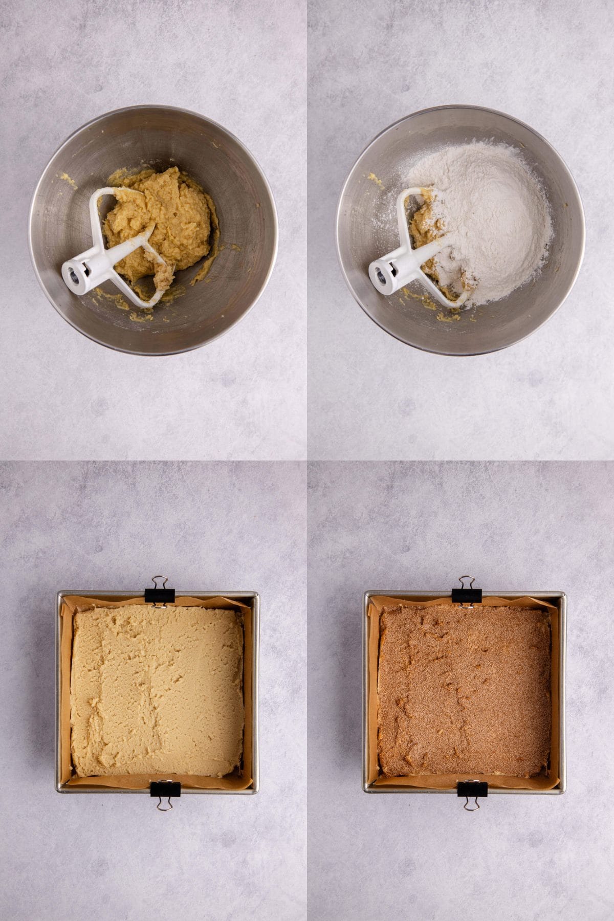 Snickerdoodle Cookie Bars dough being made in a mixer bowl and in a metal pan