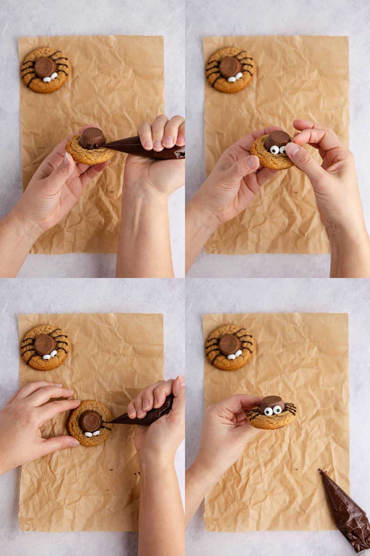 Spider Cookies being assembled with chocolate in a piping bag