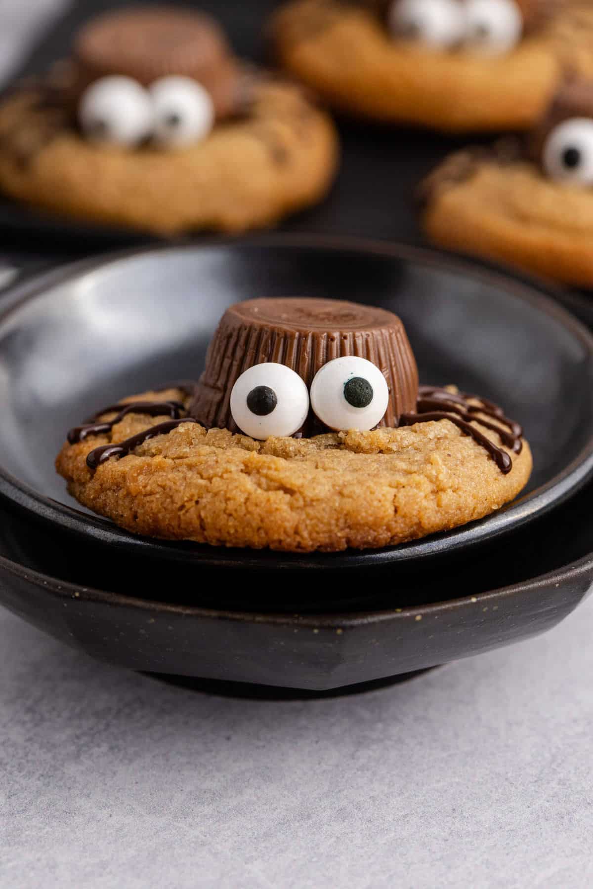 Spider Cookies propped up on a black dish
