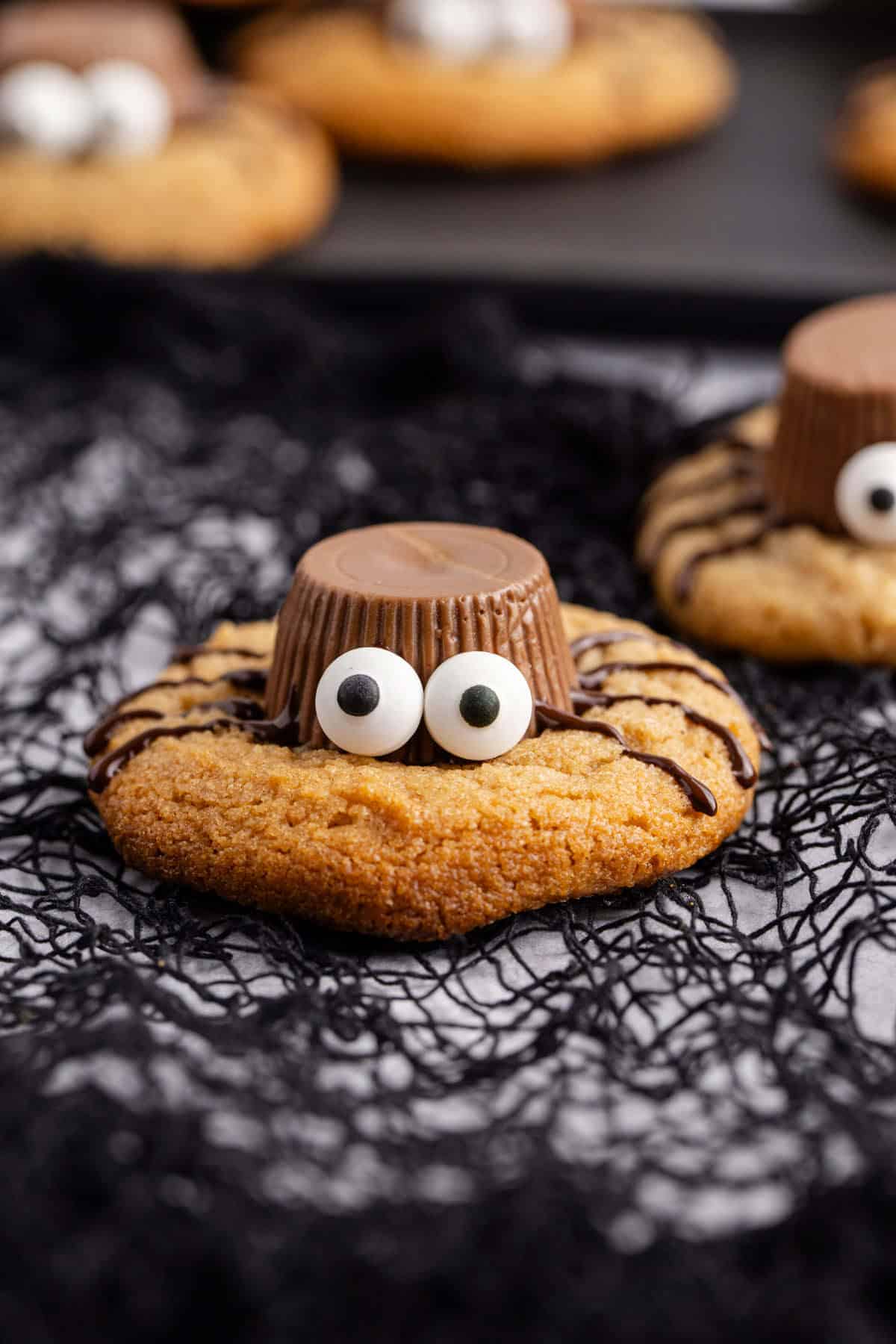 Spider Cookies on a black web on a counter close up