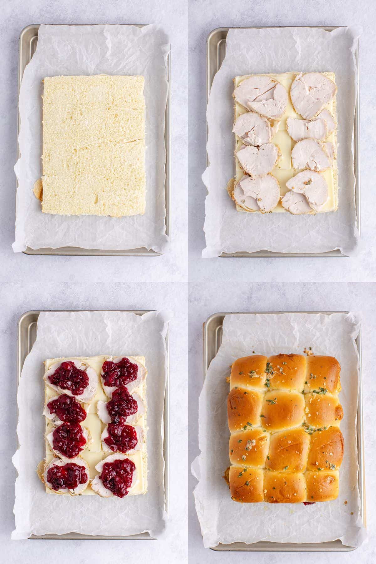 Turkey Sliders Being Assembled with Sliced Turkey and Cheesed Topped with Cranberry Sauce on Hawaiian Rolls