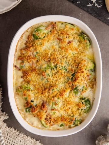 Brussels Sprouts Casserole with crispy topping on a counter in a pan