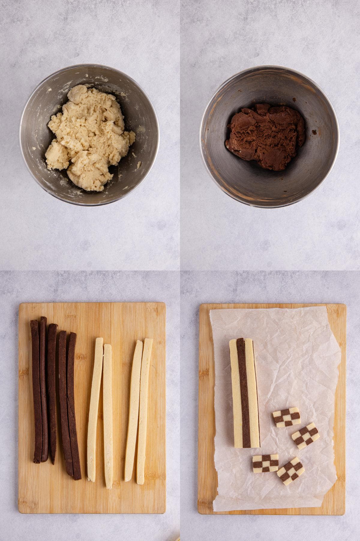 Checkerboard Cookies being made in a mixer bowl and cut on a board