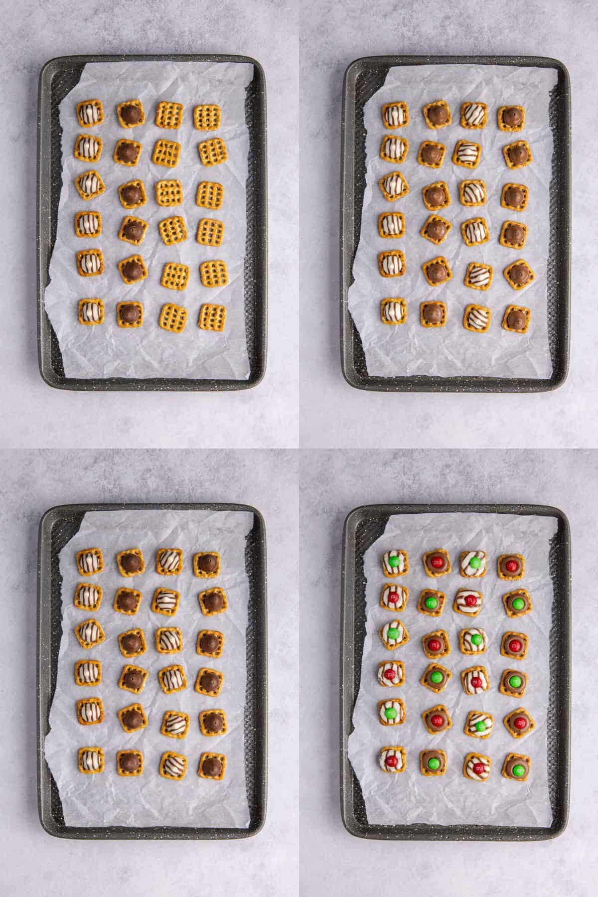 Christmas Pretzel Treats being baked and assembled on a baking sheet