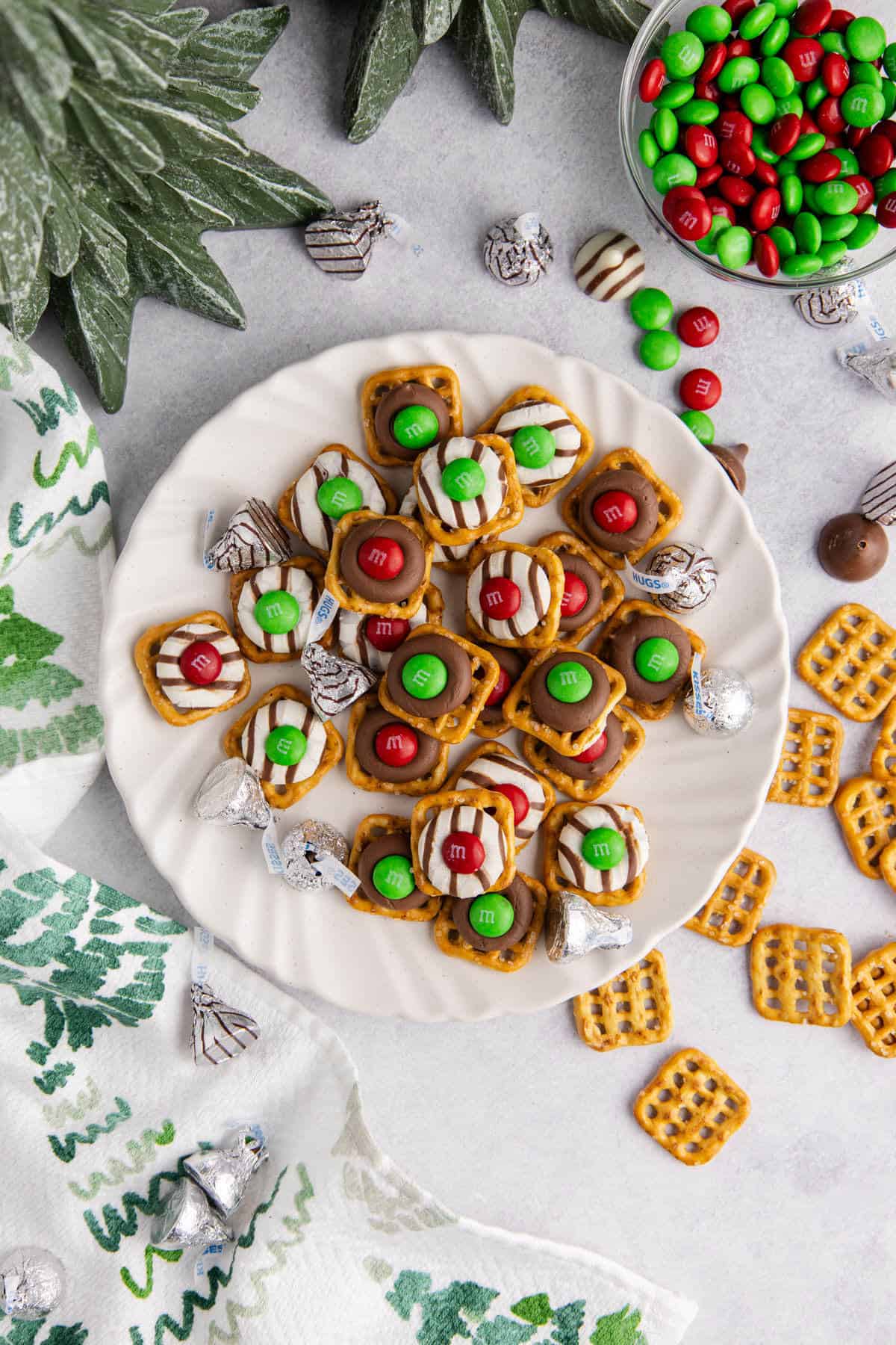 Christmas Pretzel Treats stacked on a plate