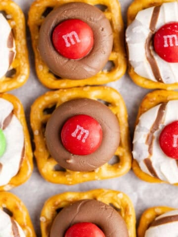 Christmas Pretzel Treats up close on parchment paper