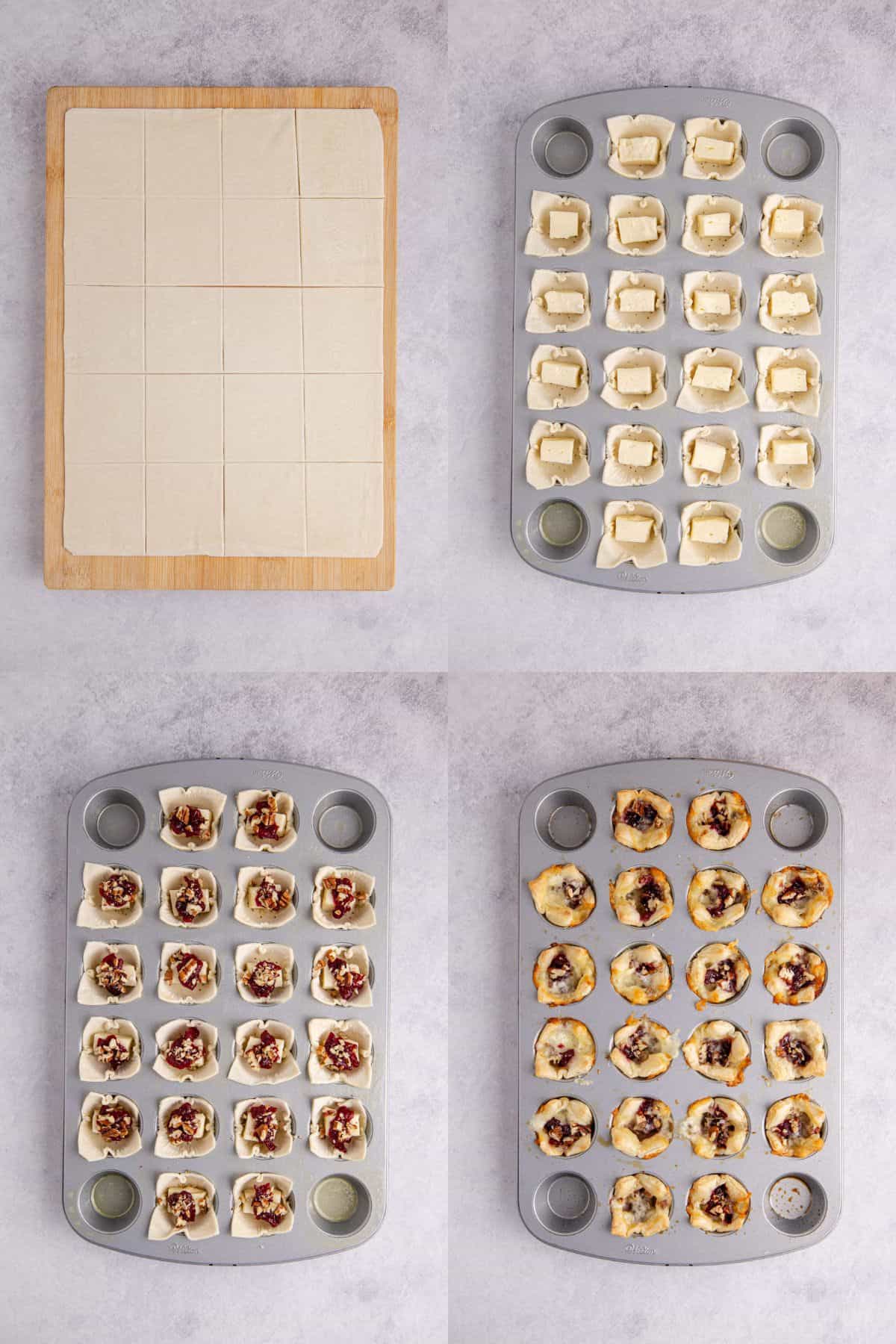 Cranberry Brie Bites Being Made with Puff Pastry Cut into Squares, Added to Mini Muffin Tin and Filled with Brie Cranberry and Pecan Mixture