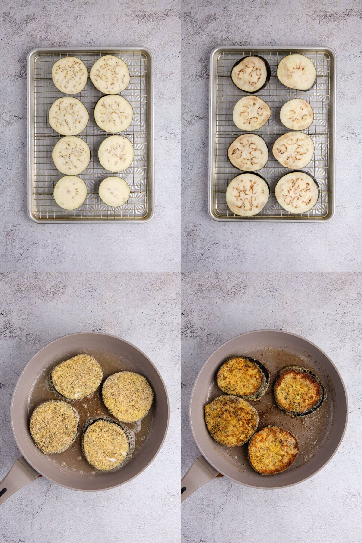 Eggplant Casserole showing eggplant being dried then fried in a pan