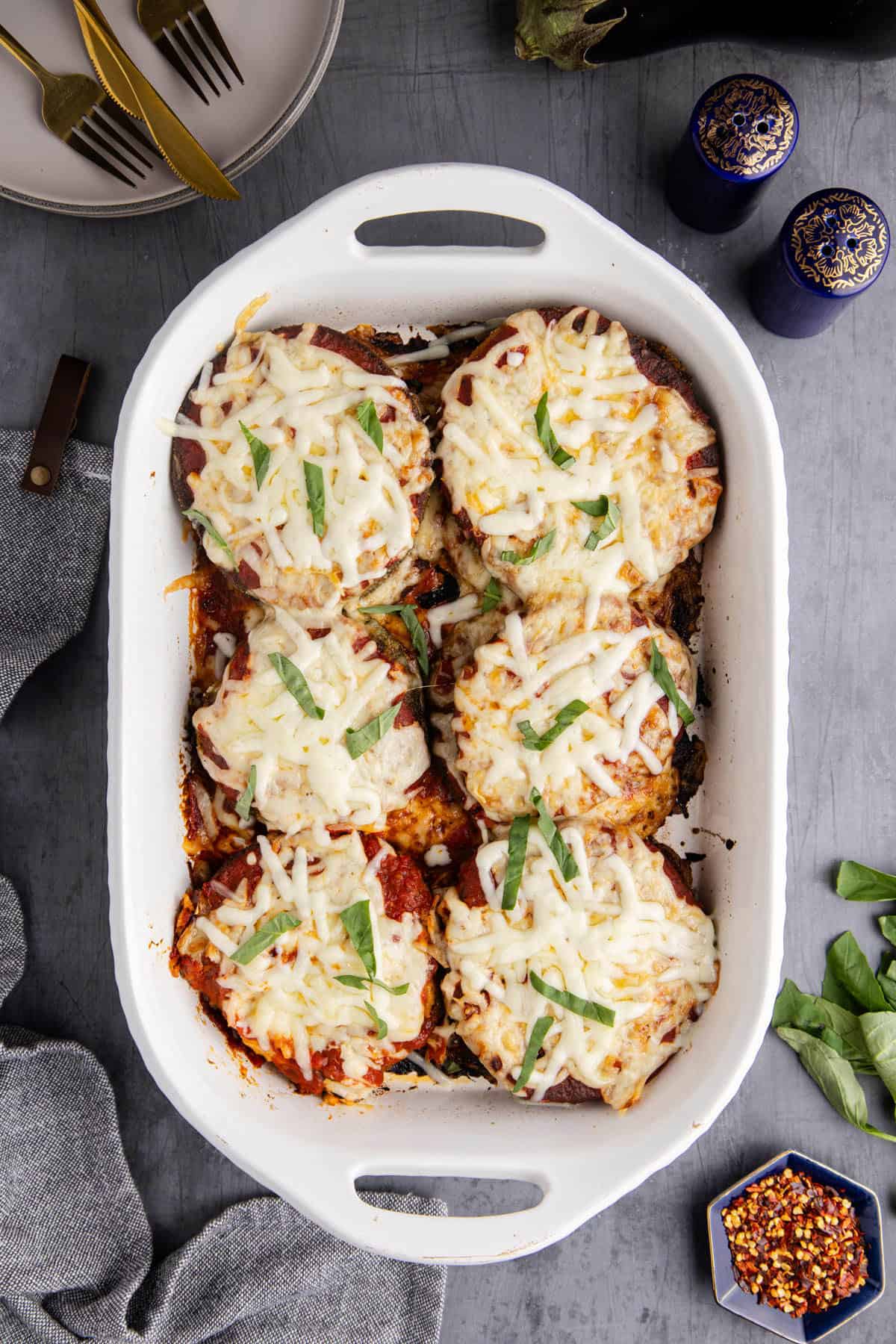 Eggplant Casserole freshly baked in a baking dish from above