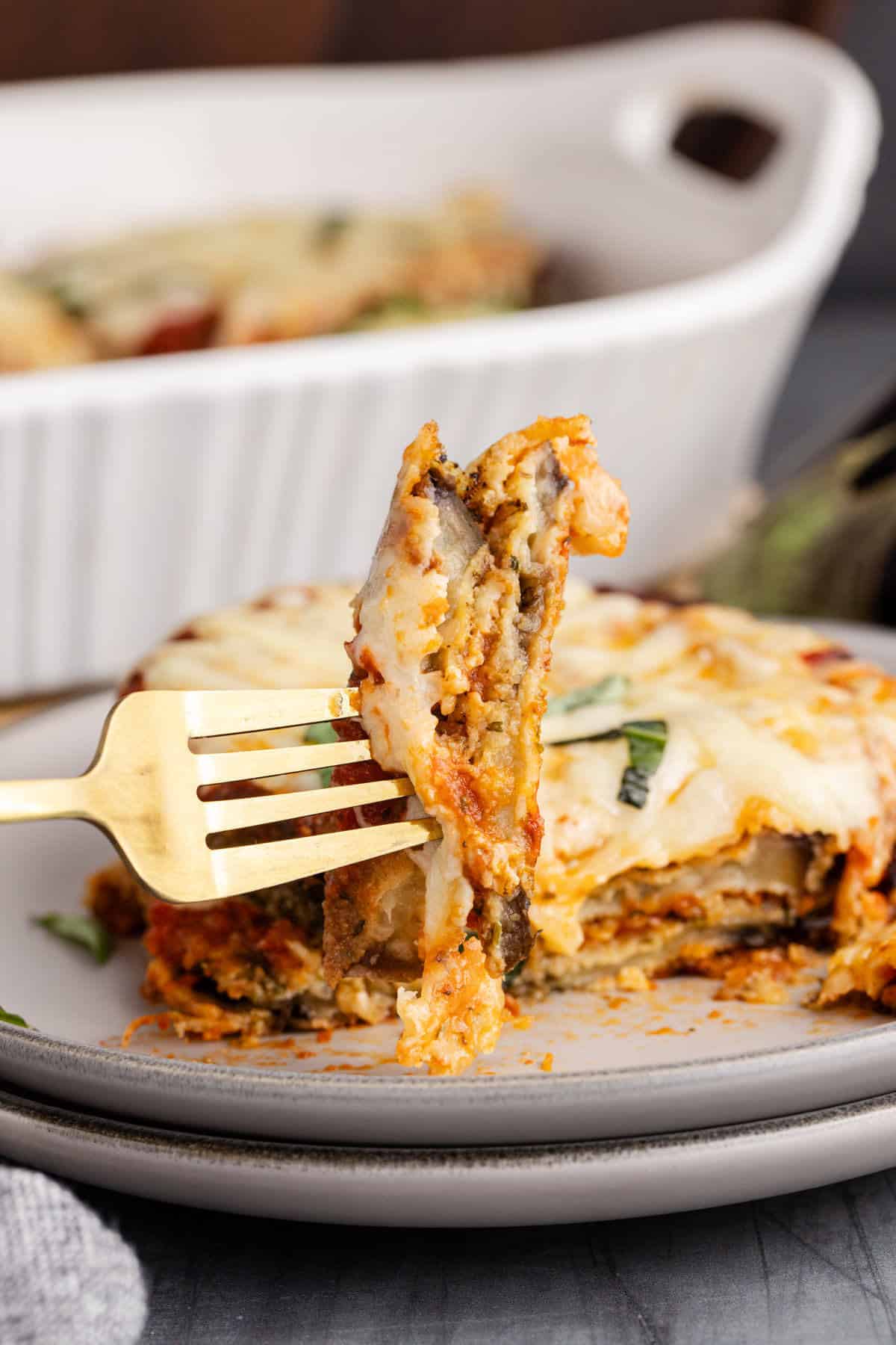 Eggplant Casserole close up of a piece on a fork