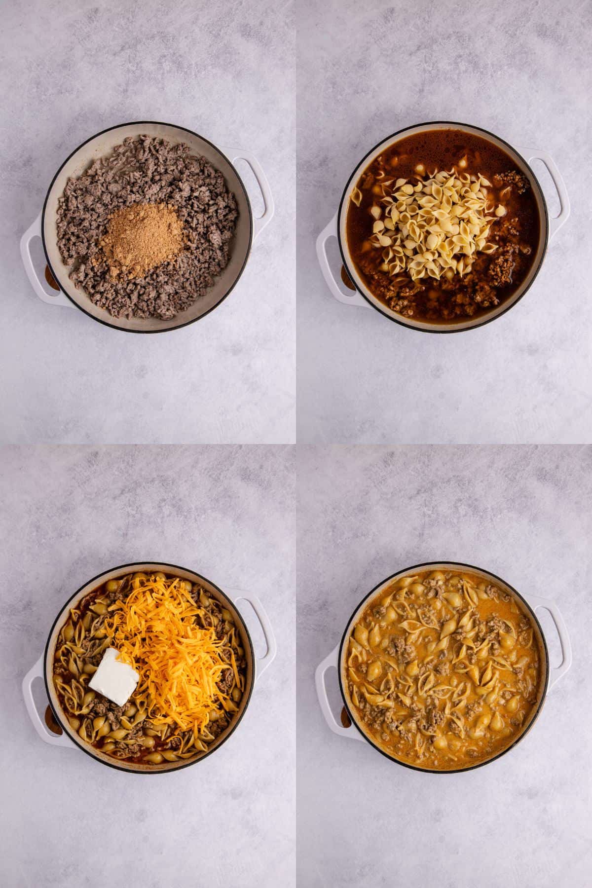 Homemade Hamburger Helper being made in a skillet