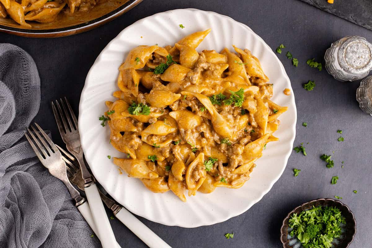 Homemade Taco Hamburger Helper on a plate close up with parsley