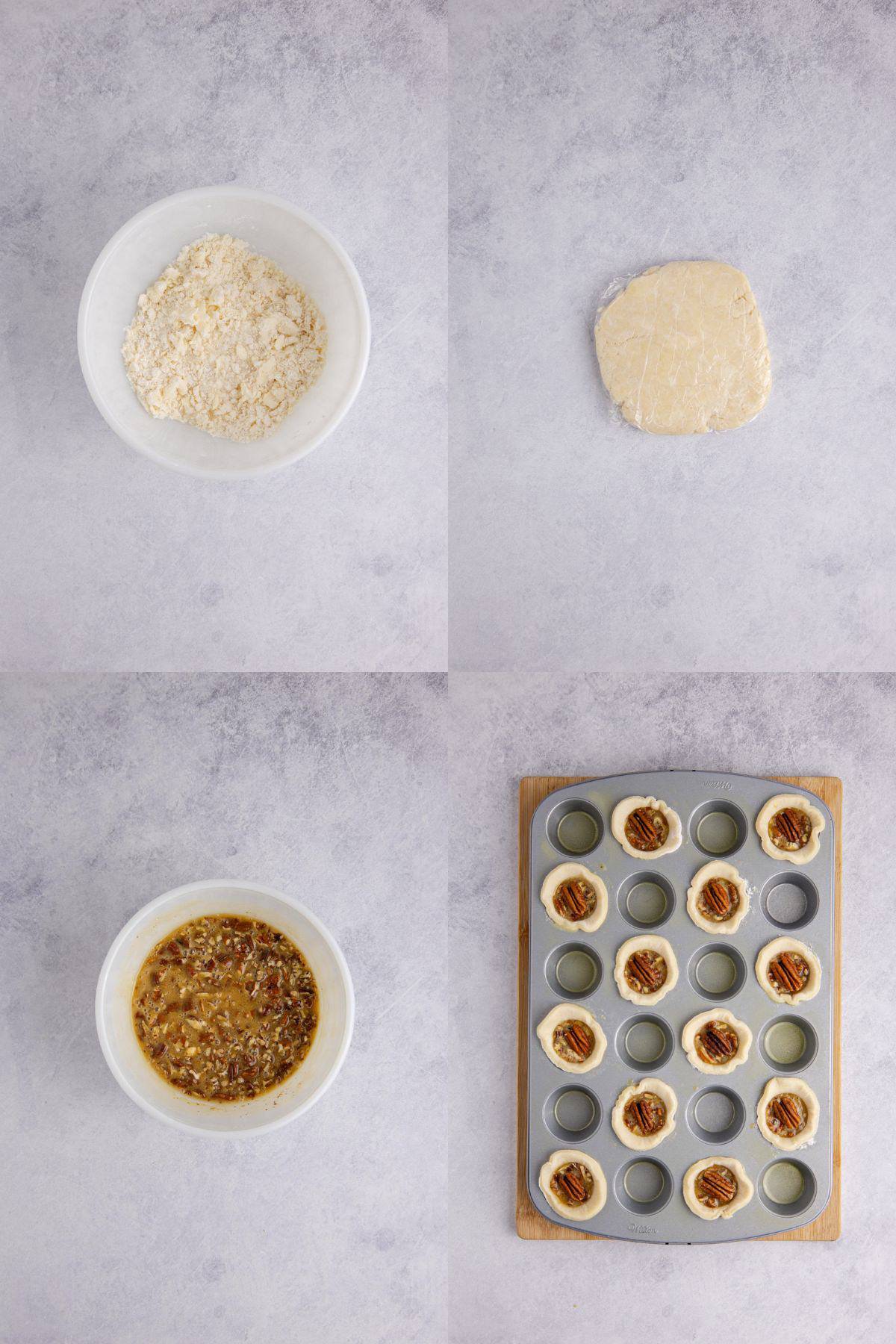 Mini Pecan Pies dough and filling being made and prepared in mini muffin tray