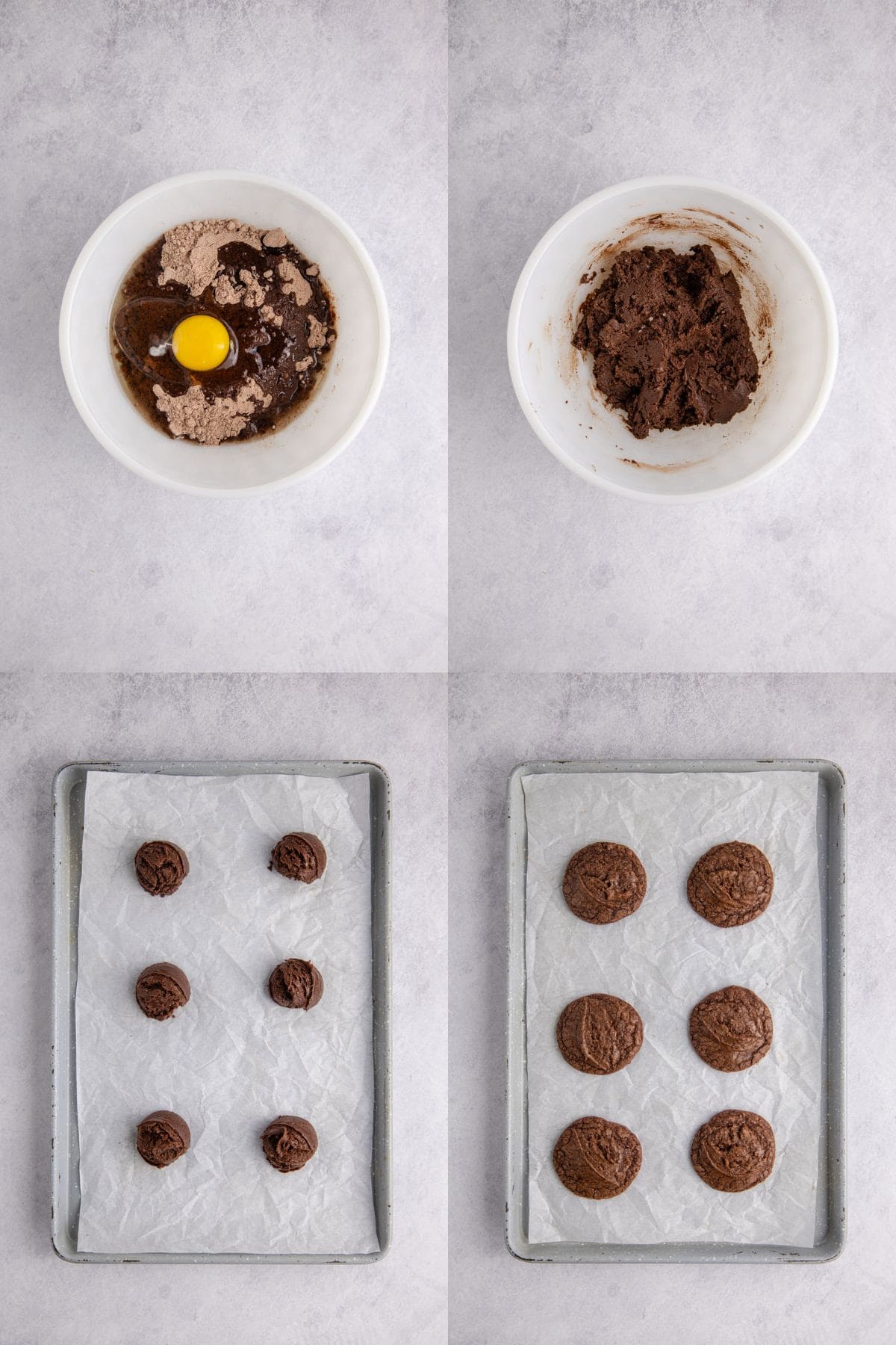 Peppermint Brownie Cookies being mixed in a bowl then on a cookie sheet
