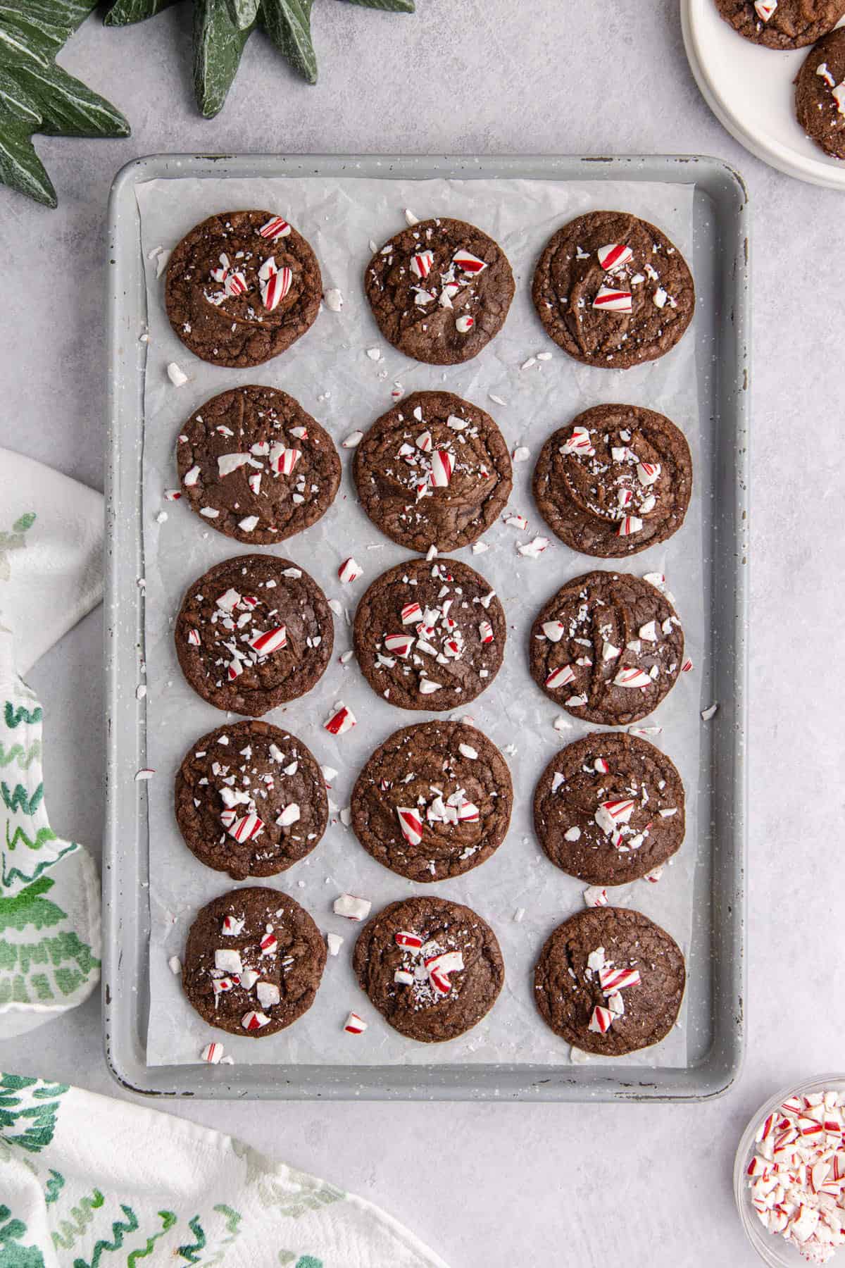 Peppermint Brownie Cookies on a baking sheet and crushed peppermint all around and on top