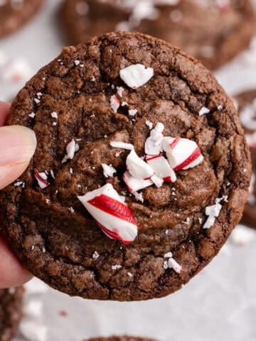 Peppermint Brownie Cookies being held close up
