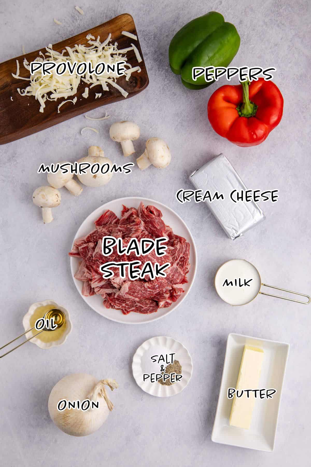 Philly Cheesesteak Casserole Ingredients on a counter