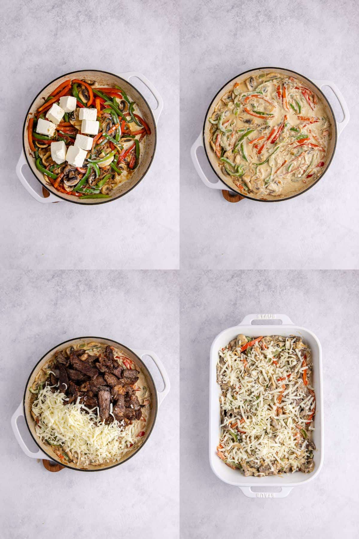 Philly Cheesesteak Casserole being made in a skillet then casserole dish