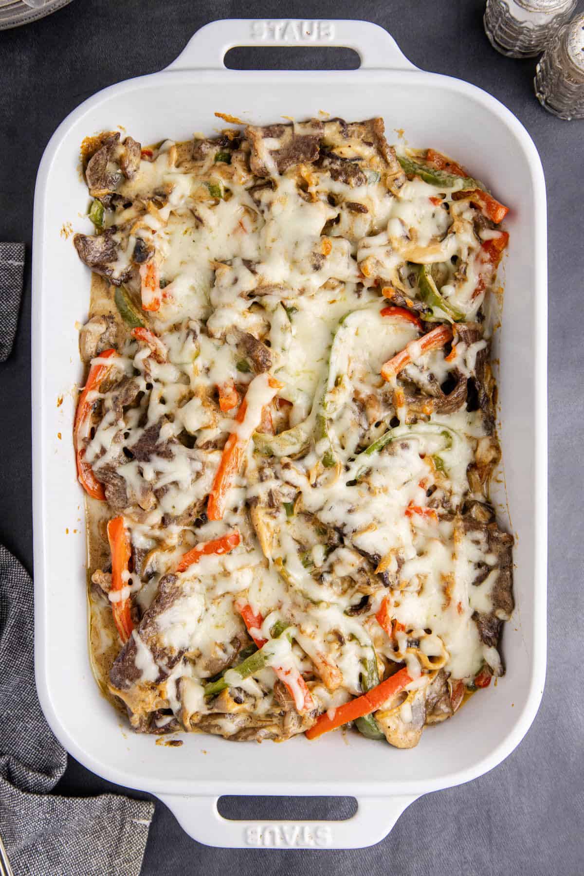 Philly Cheesesteak Casserole freshly baked from overhead