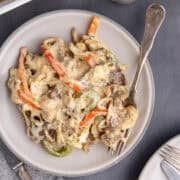 Philly Cheesesteak Casserole on a plate with a fork